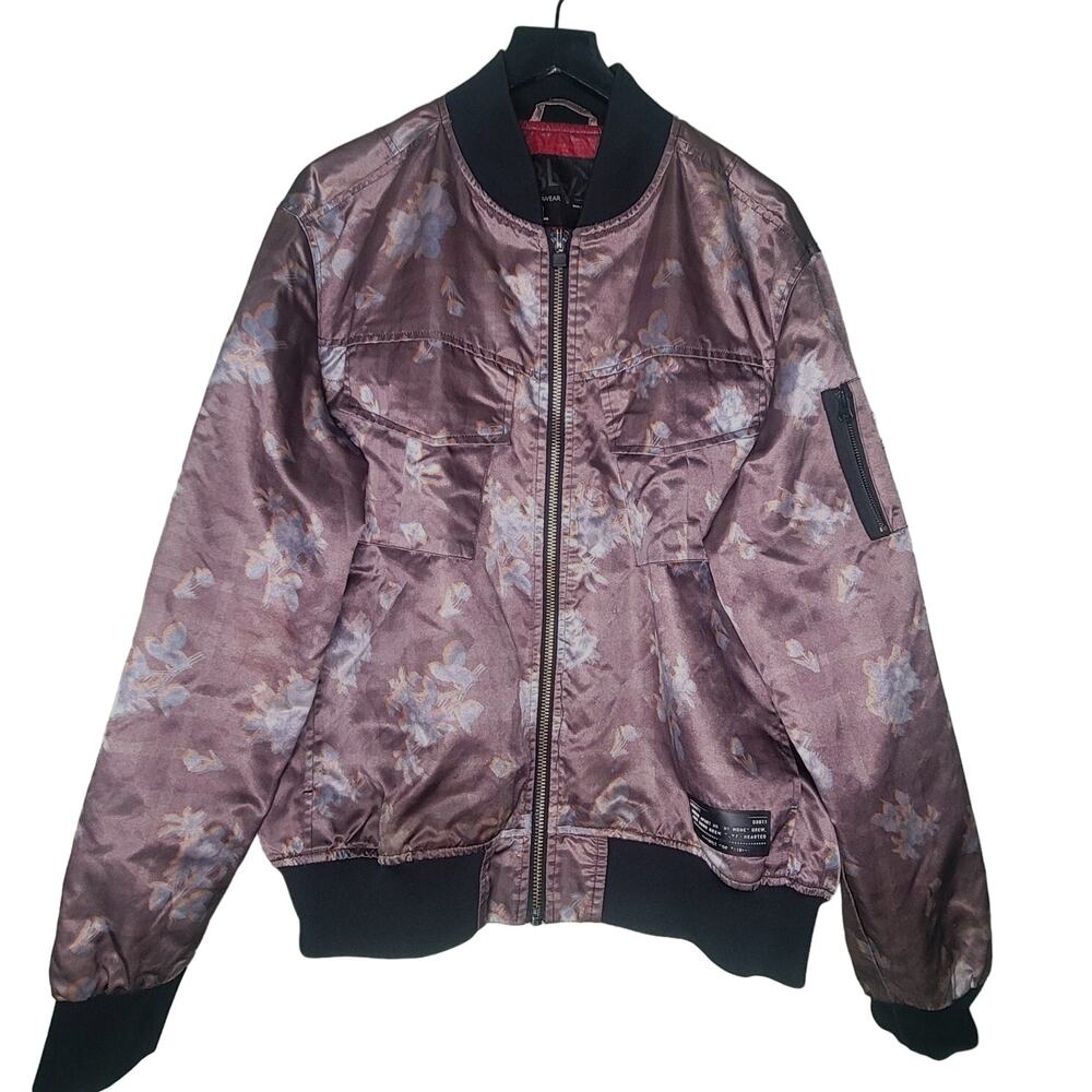 Rocawear Blak Bomber Jacket Floral Full Zip Brown Blue Pockets Y2K 90s Hip Hop L